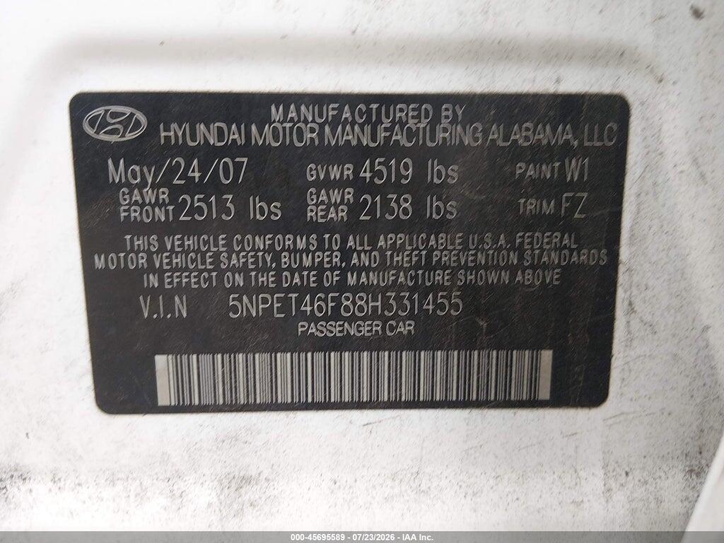 5NPET46F88H331455 2008 HYUNDAI SONATA photo no. 9