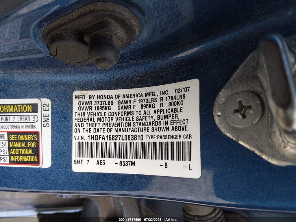 1HGFA16827L083810 2007 HONDA CIVIC photo no. 9