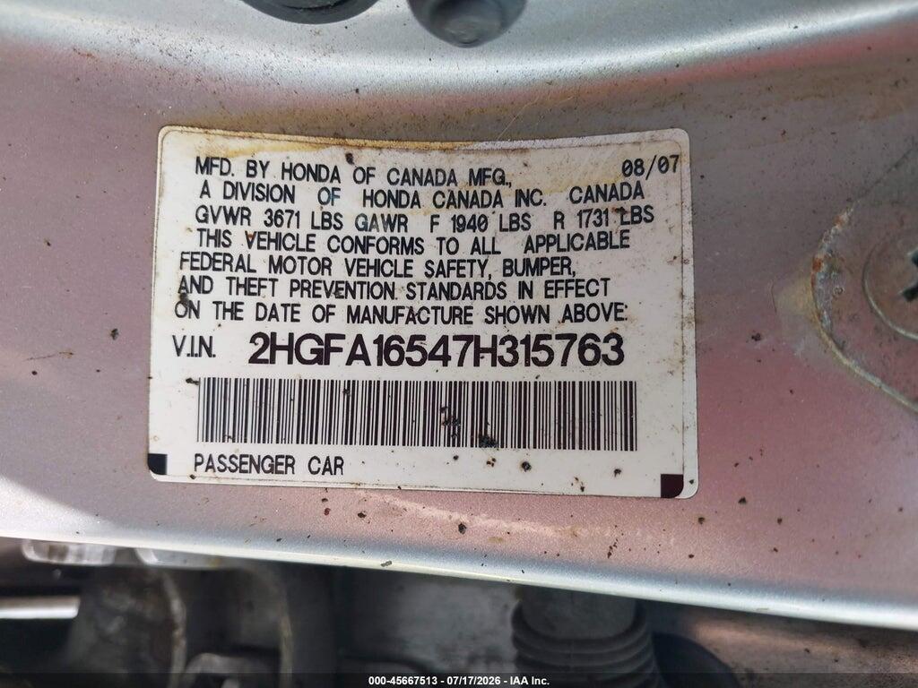 2HGFA16547H315763 2007 HONDA CIVIC photo no. 9