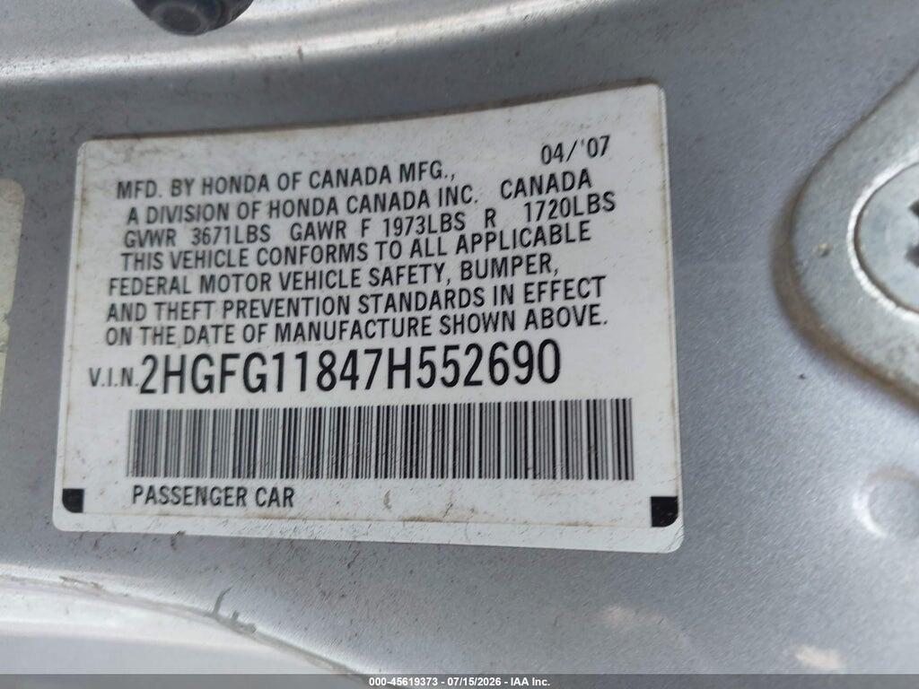 2HGFG11847H552690 2007 HONDA CIVIC photo no. 9
