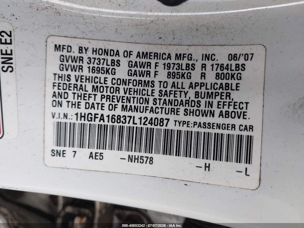 1HGFA16837L124087 2007 HONDA CIVIC photo no. 9