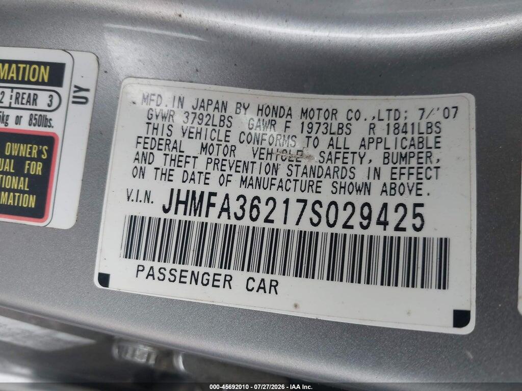 JHMFA36217S029425 2007 HONDA CIVIC HYBRID photo no. 9