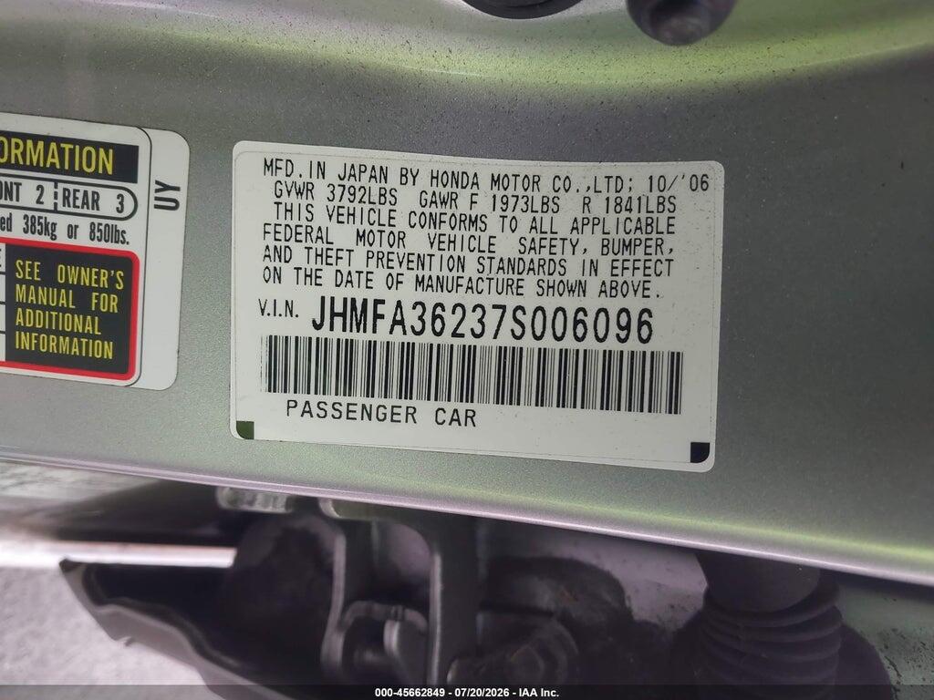 JHMFA36237S006096 2007 HONDA CIVIC HYBRID photo no. 9
