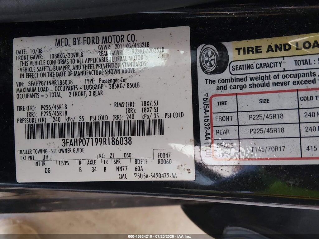 3FAHP07199R186038 2009 FORD FUSION photo no. 9