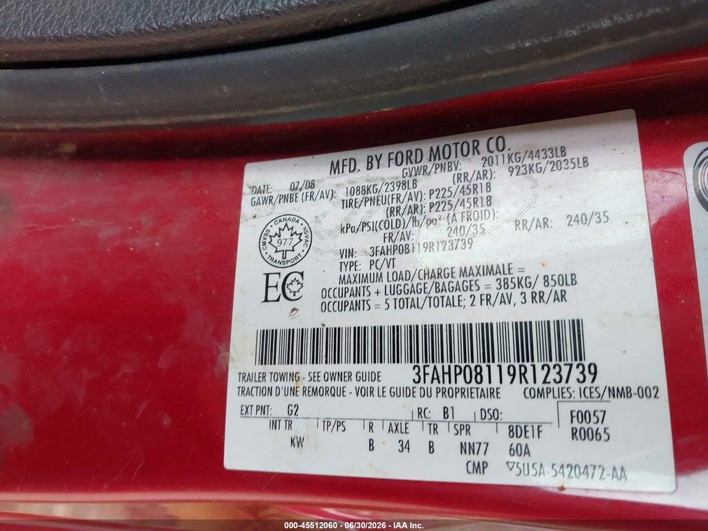 3FAHP08119R123739 2009 FORD FUSION photo no. 9
