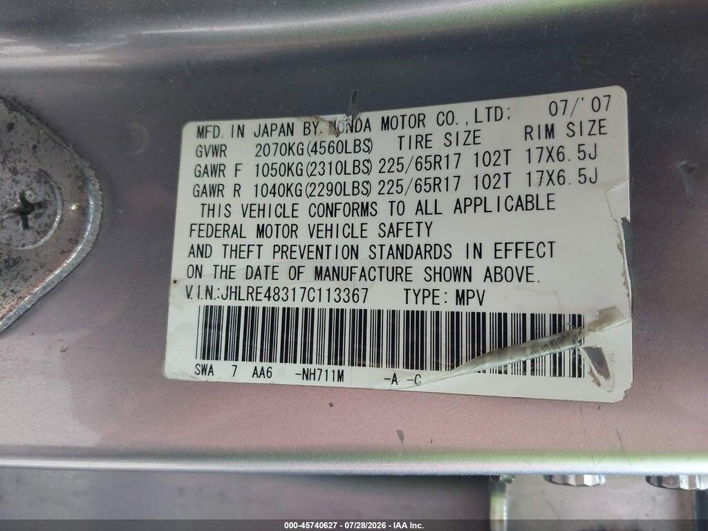 JHLRE48317C113367 2007 HONDA CR-V photo no. 9