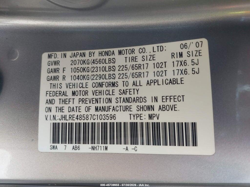 JHLRE48587C103596 2007 HONDA CR-V photo no. 9