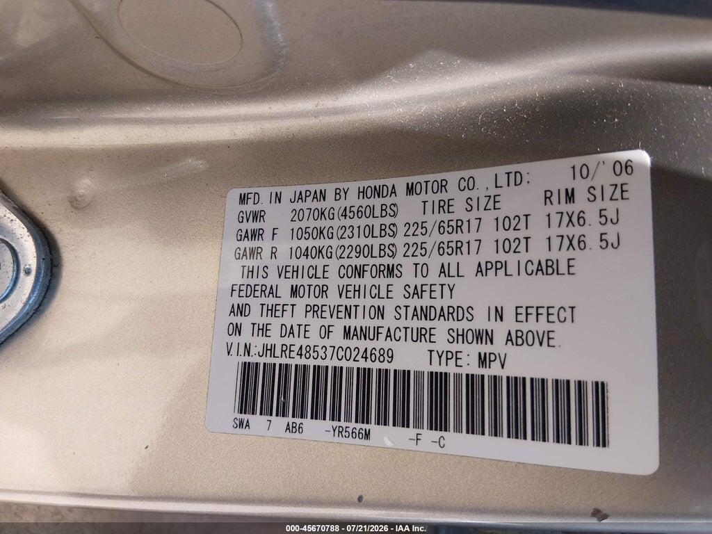 JHLRE48537C024689 2007 HONDA CR-V photo no. 9