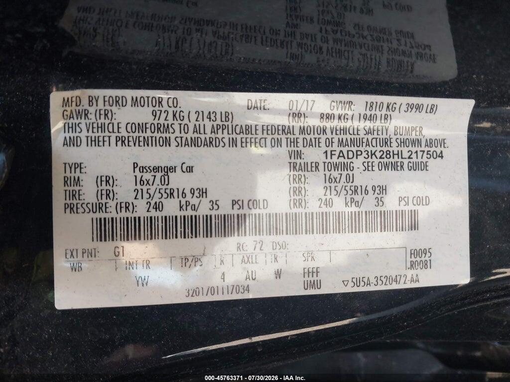 1FADP3K28HL217504 2017 FORD FOCUS photo no. 9