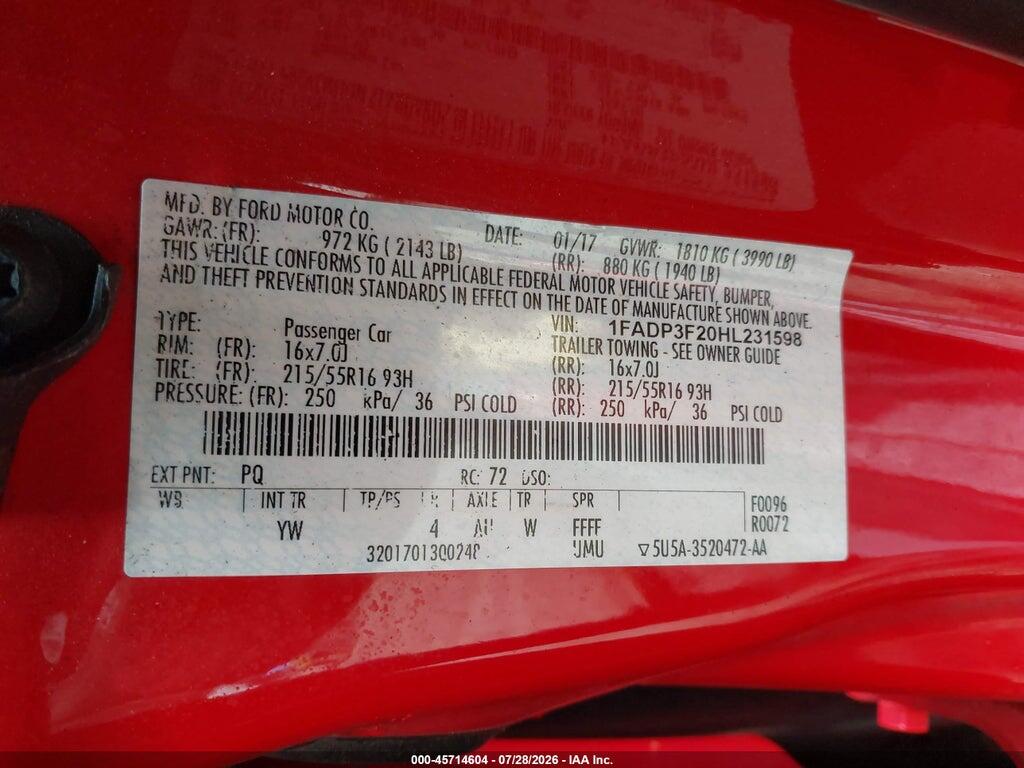 1FADP3F20HL231598 2017 FORD FOCUS photo no. 9