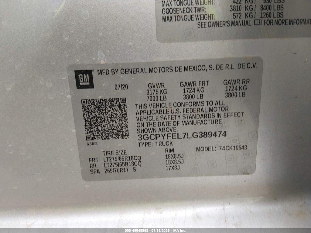 3GCPYFEL7LG389474 2020 CHEVROLET SILVERADO 1500 photo no. 9