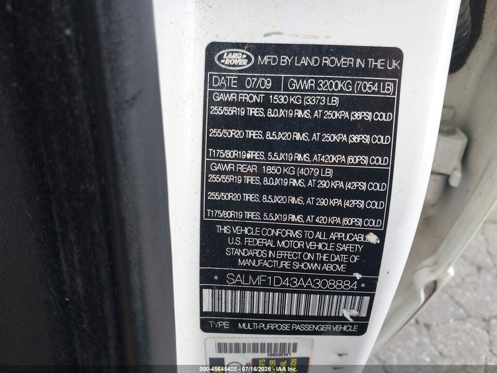 SALMF1D43AAC08884 2010 LAND ROVER RANGE ROVER photo no. 9