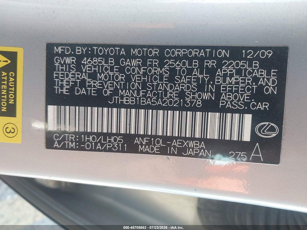 JTHBB1BA5A2021378 2010 LEXUS HS 250H photo no. 9