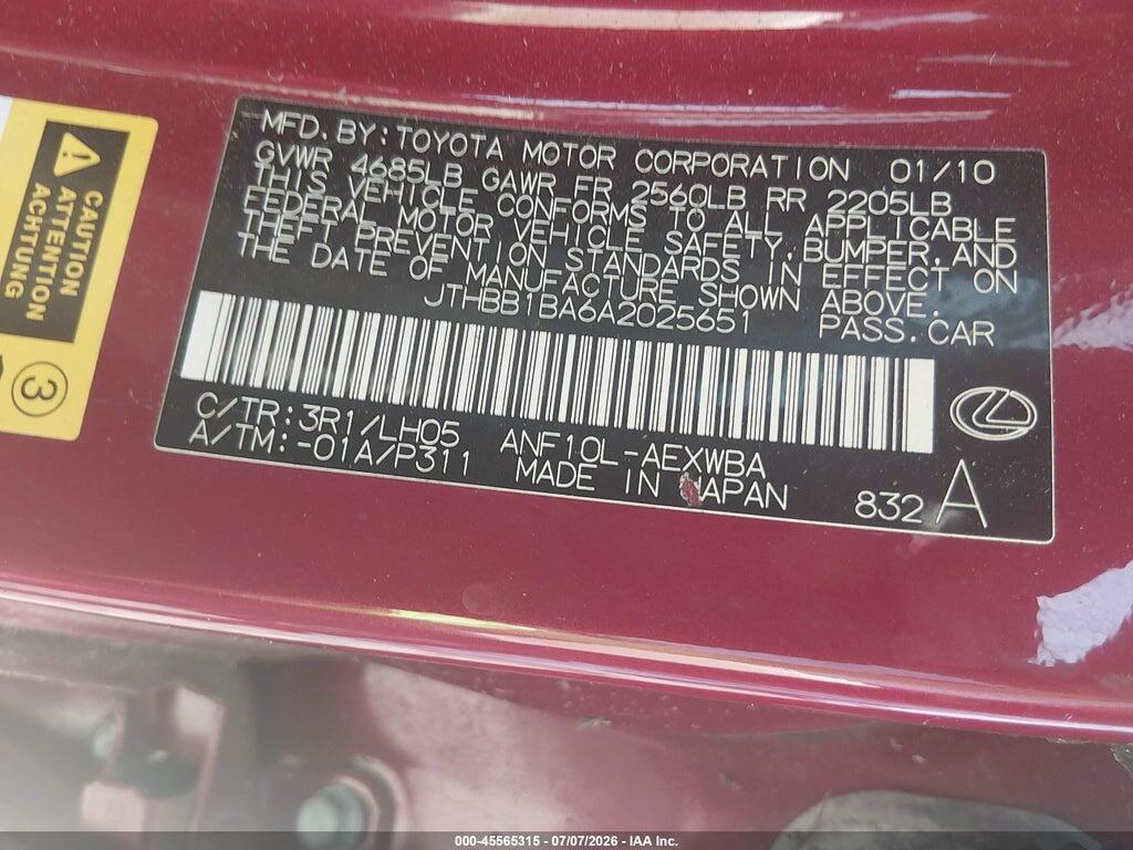 JTHBB1BA6A2025651 2010 LEXUS HS 250H photo no. 9