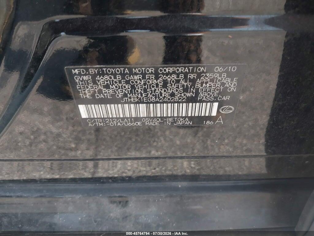 JTHBK1EG8A2402822 2010 LEXUS ES 350 photo no. 9