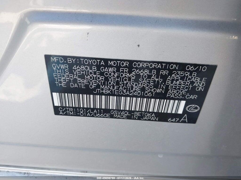 JTHBK1EG3A2401061 2010 LEXUS ES 350 photo no. 9