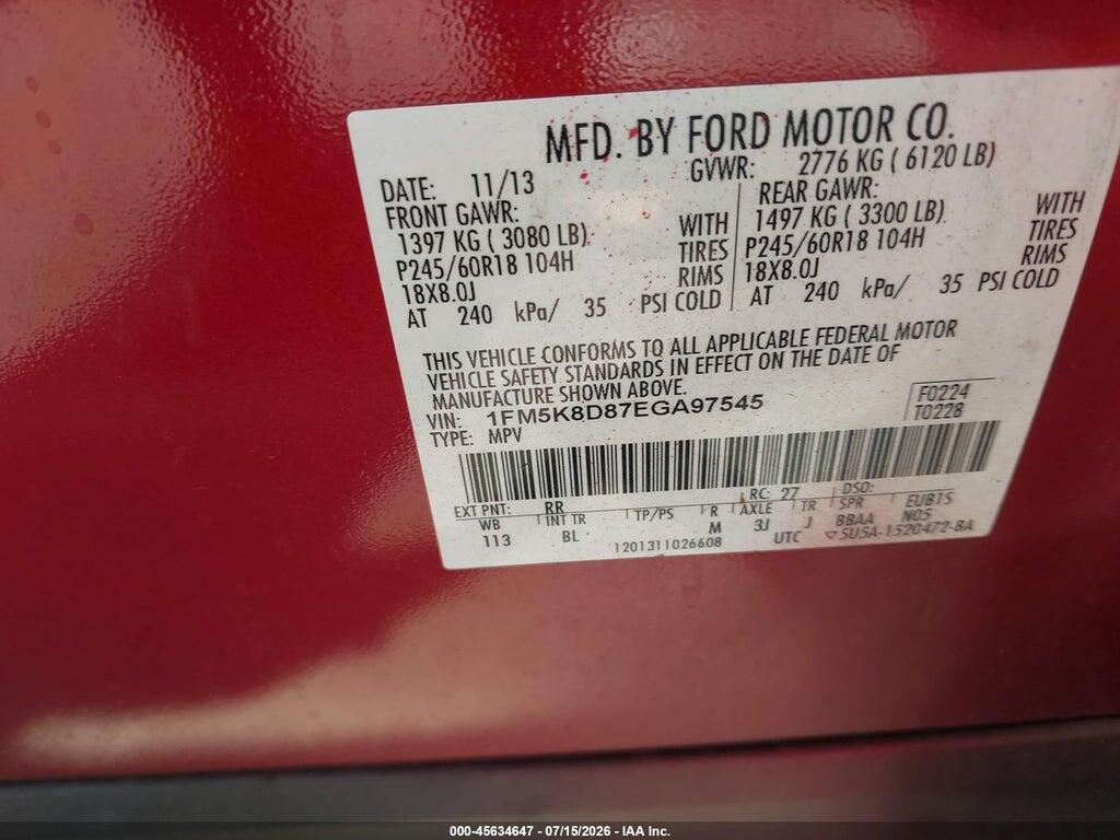 1FM5K8D87EGA97545 2014 FORD EXPLORER photo no. 9