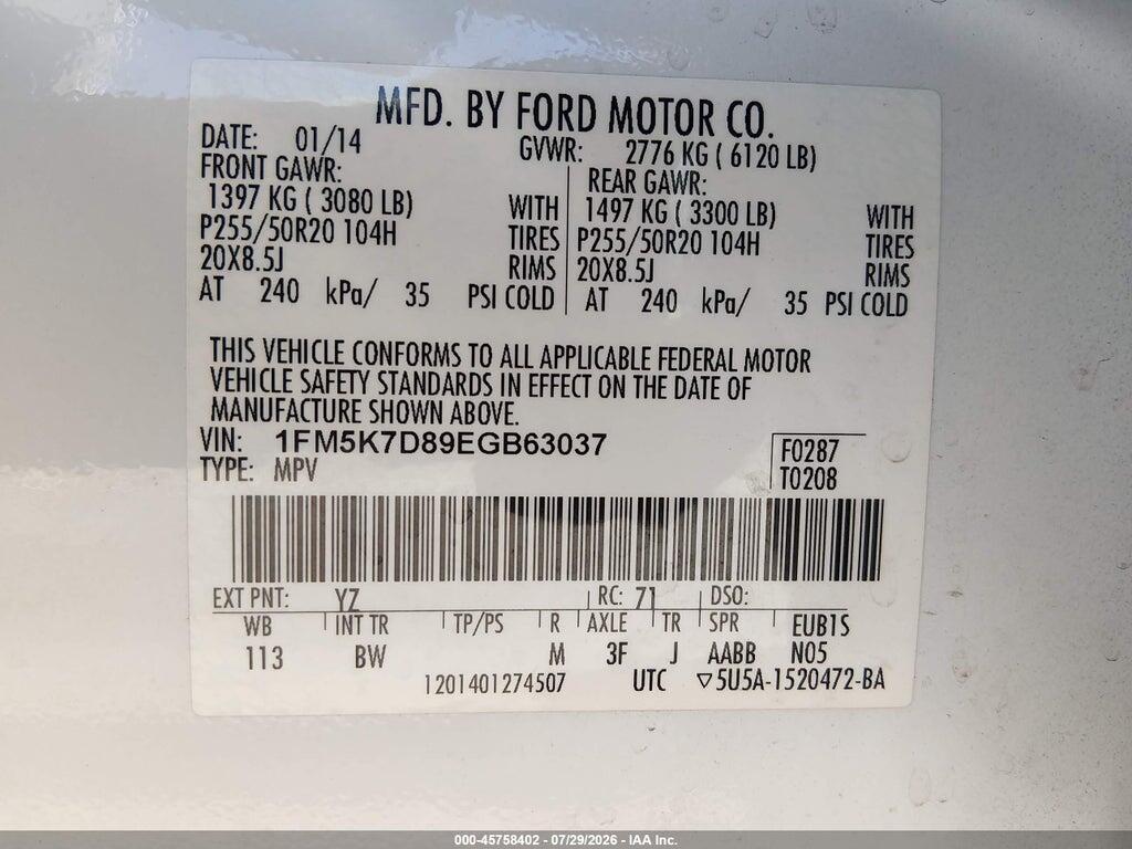 1FM5K7D89EGB63037 2014 FORD EXPLORER photo no. 9