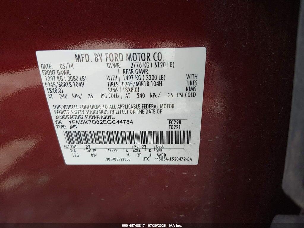 1FM5K7D82EGC44784 2014 FORD EXPLORER photo no. 9