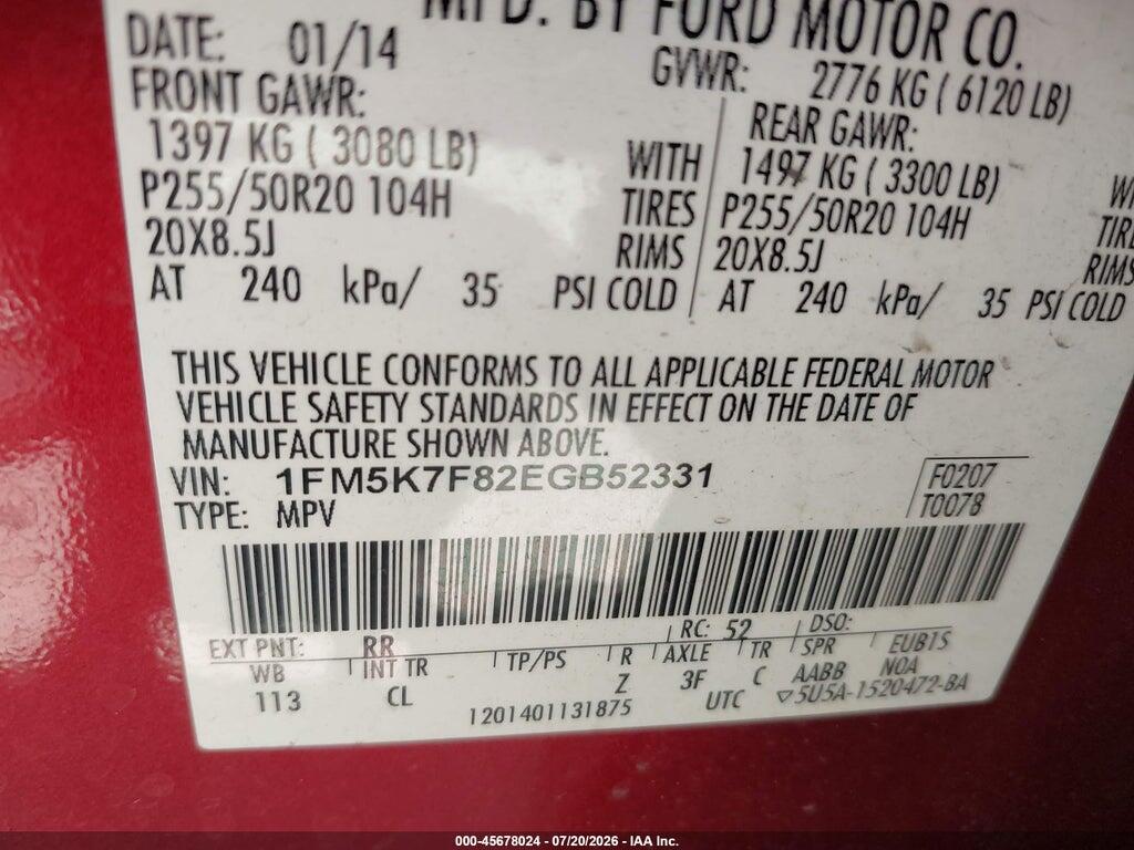 1FM5K7F82EGB52331 2014 FORD EXPLORER photo no. 9