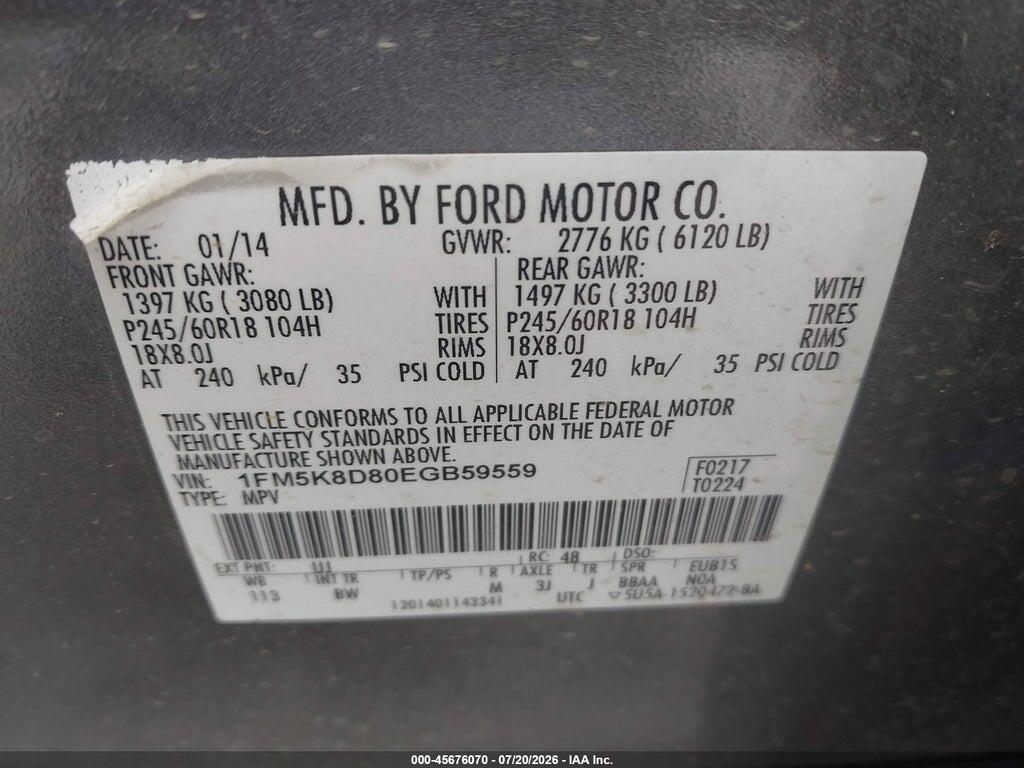 1FM5K8D80EGB59559 2014 FORD EXPLORER photo no. 9