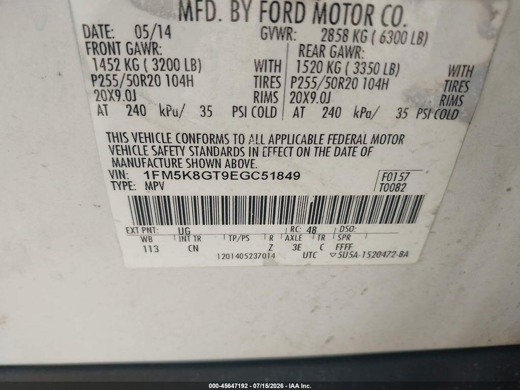 1FM5K8GT9EGC51849 2014 FORD EXPLORER photo no. 9