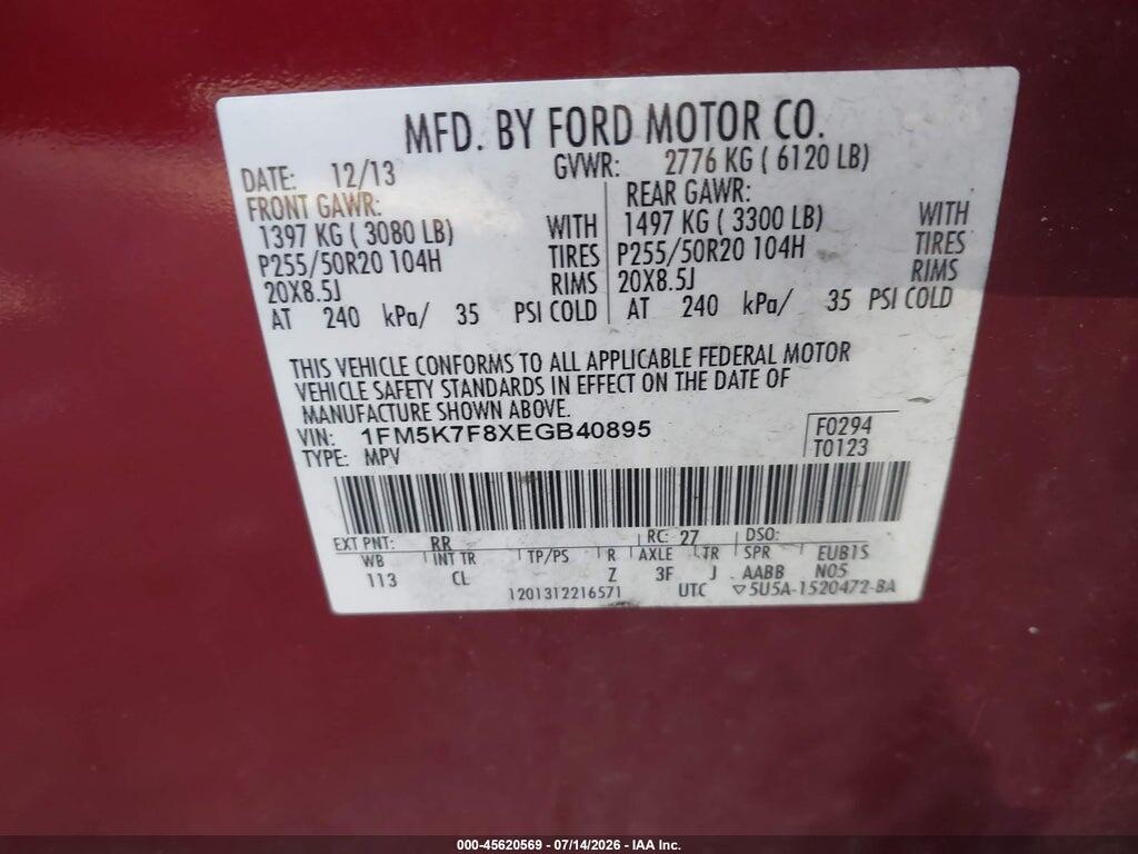 1FM5K7F8XEGB40895 2014 FORD EXPLORER photo no. 9