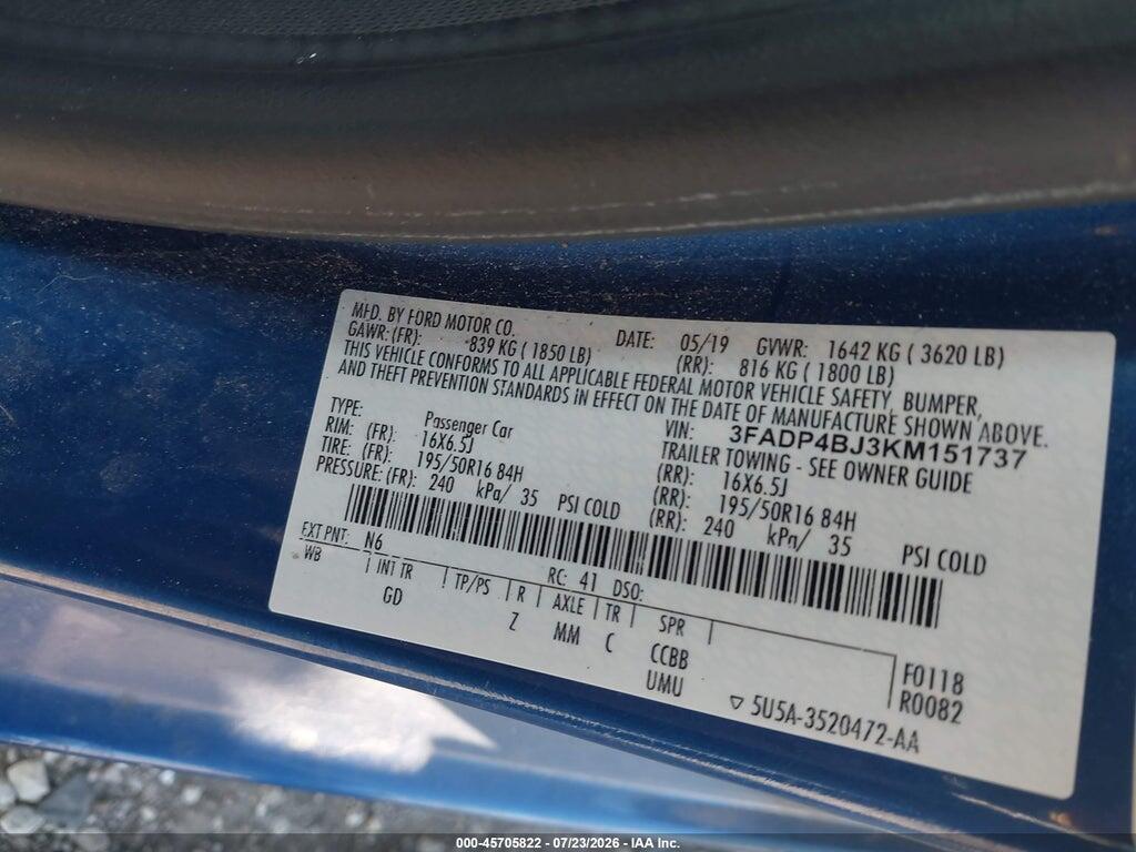 3FADP4BJ3KM151737 2019 FORD FIESTA photo no. 9