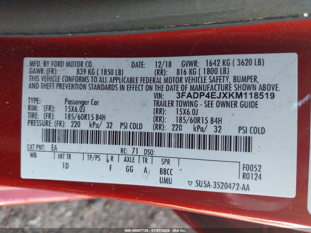 3FADP4EJXKM118519 2019 FORD FIESTA photo no. 9