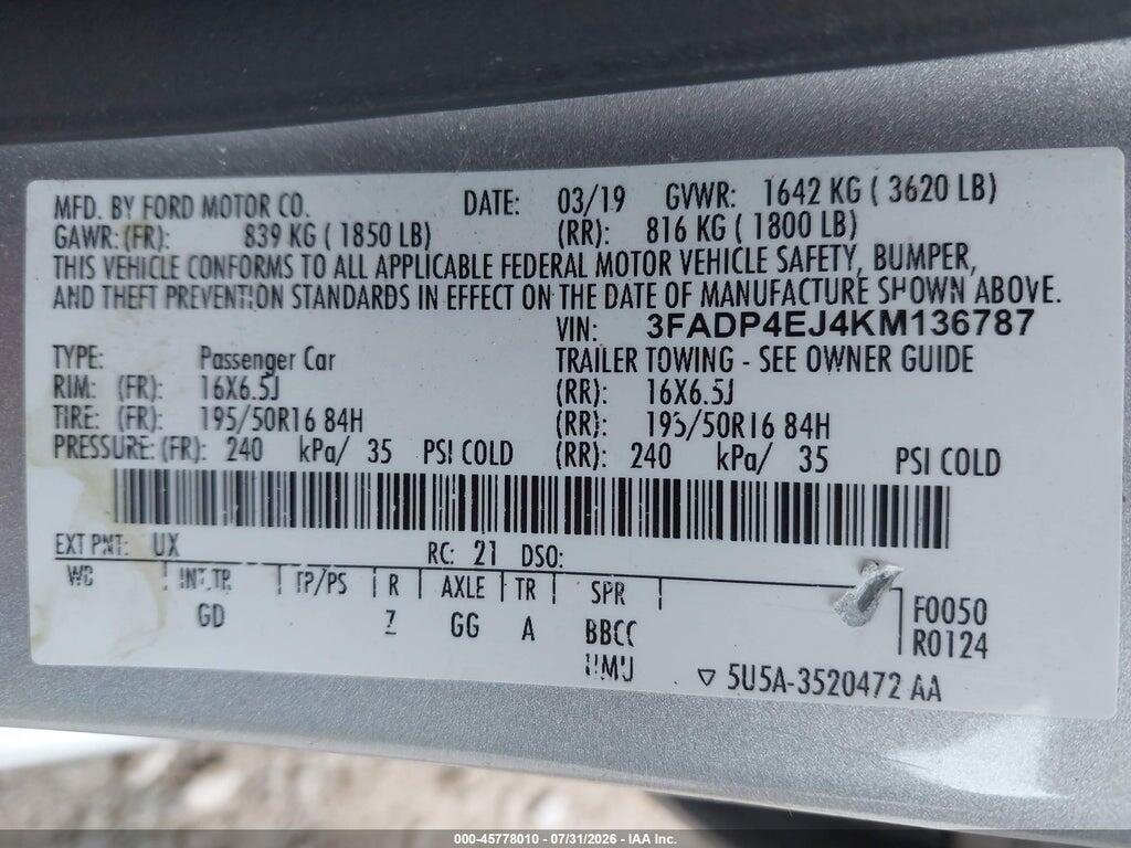 3FADP4EJ4KM136787 2019 FORD FIESTA photo no. 9