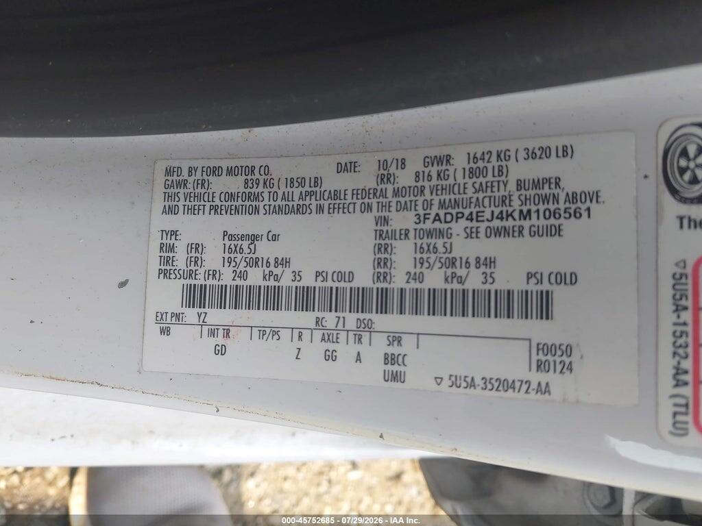 3FADP4EJ4KM106561 2019 FORD FIESTA photo no. 9