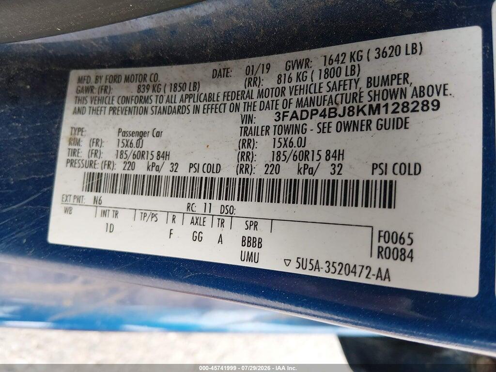 3FADP4BJ8KM128289 2019 FORD FIESTA photo no. 9