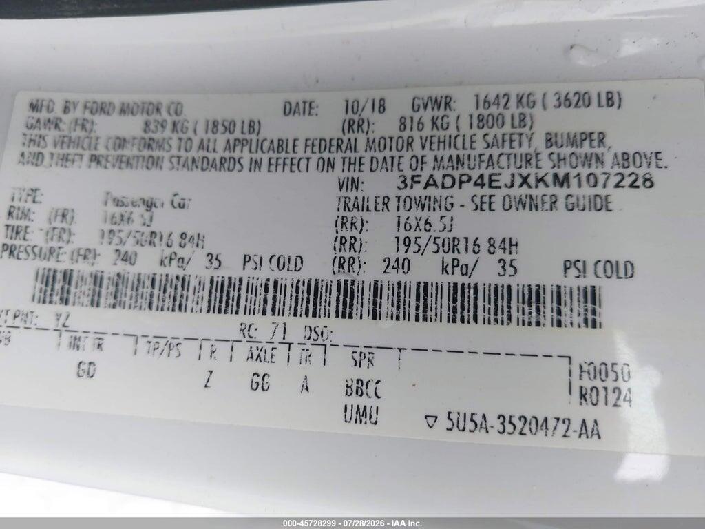 3FADP4EJXKM107228 2019 FORD FIESTA photo no. 9