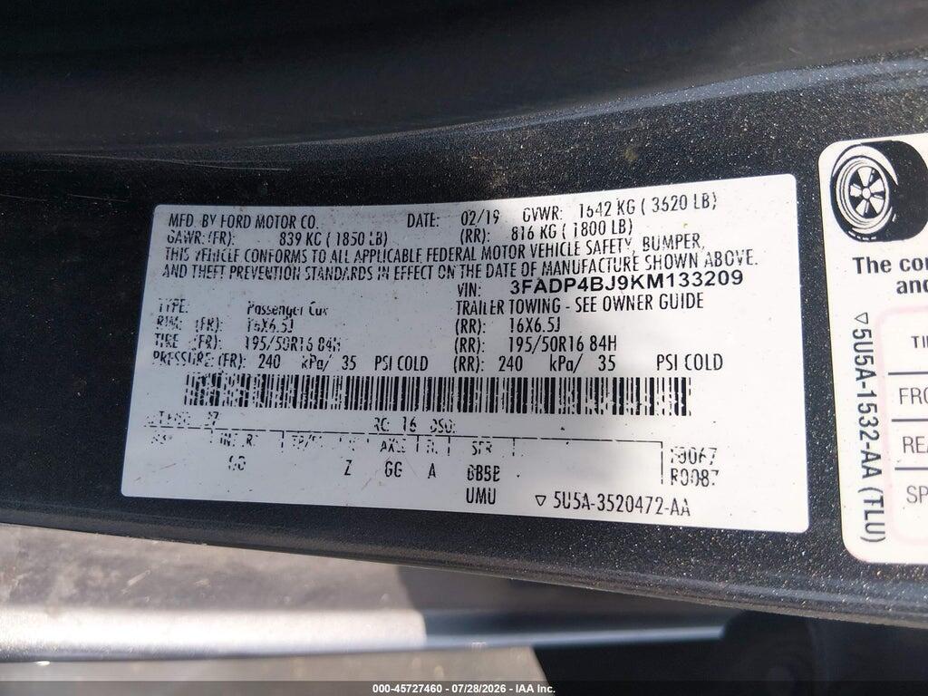 3FADP4BJ9KM133209 2019 FORD FIESTA photo no. 9