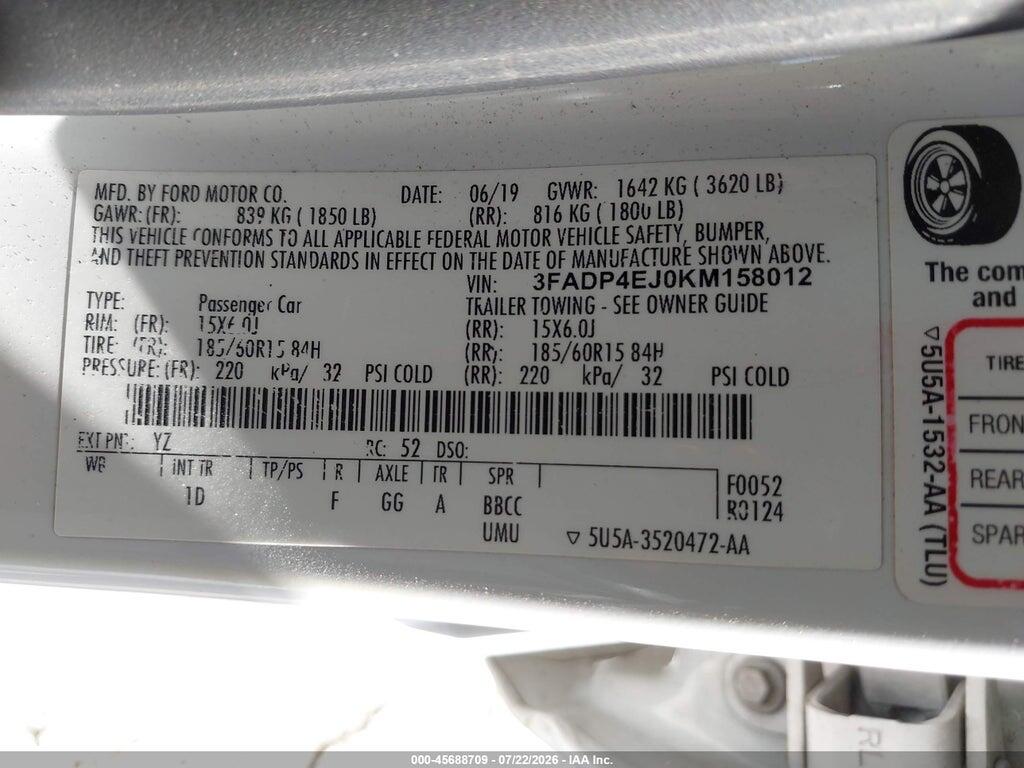 3FADP4EJ0KM158012 2019 FORD FIESTA photo no. 9