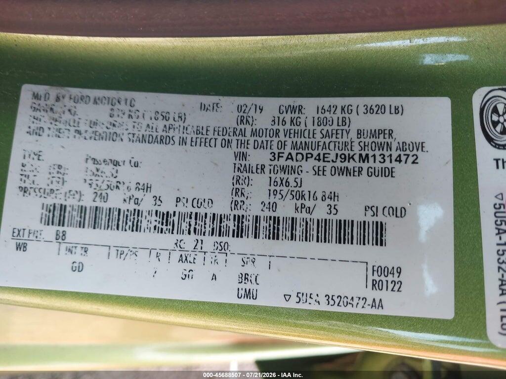 3FADP4EJ9KM131472 2019 FORD FIESTA photo no. 9