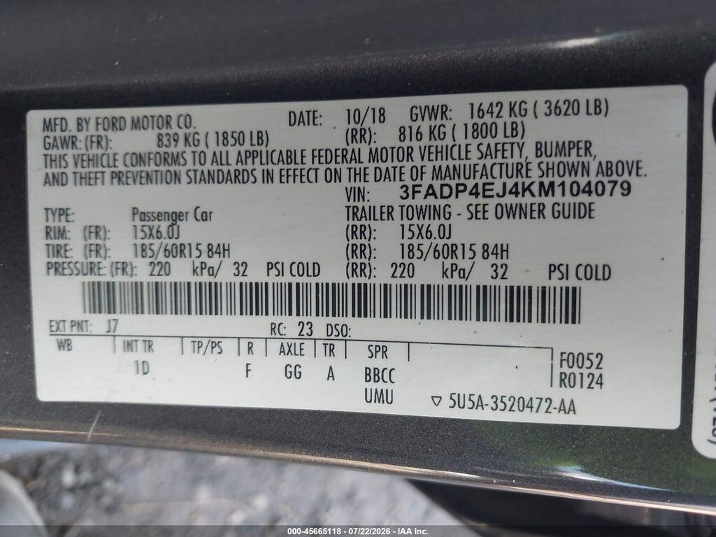 3FADP4EJ4KM104079 2019 FORD FIESTA photo no. 9