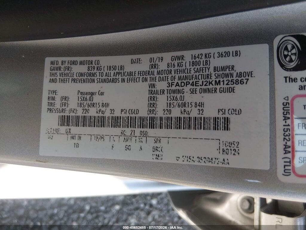 3FADP4EJ2KM125867 2019 FORD FIESTA photo no. 9