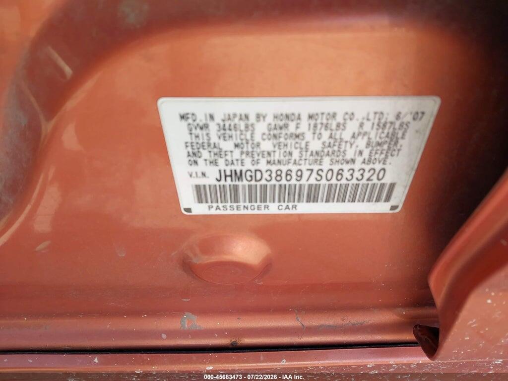 JHMGD38697S063320 2007 HONDA FIT photo no. 9