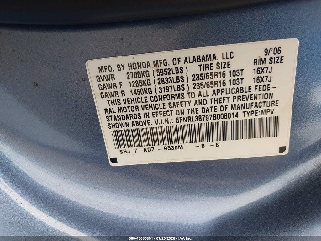 5FNRL38797B008014 2007 HONDA ODYSSEY photo no. 9