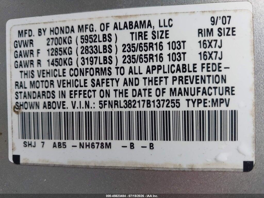 5FNRL38217B137255 2007 HONDA ODYSSEY photo no. 9