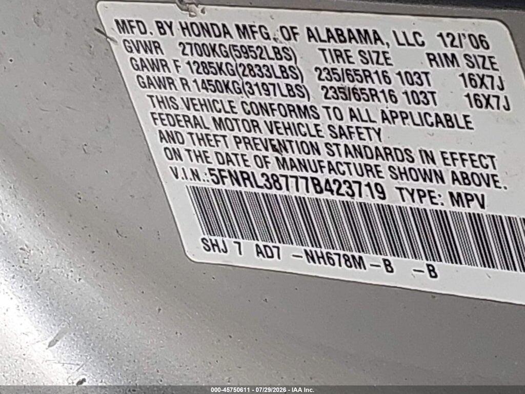 5FNRL38777B423719 2007 HONDA ODYSSEY photo no. 9
