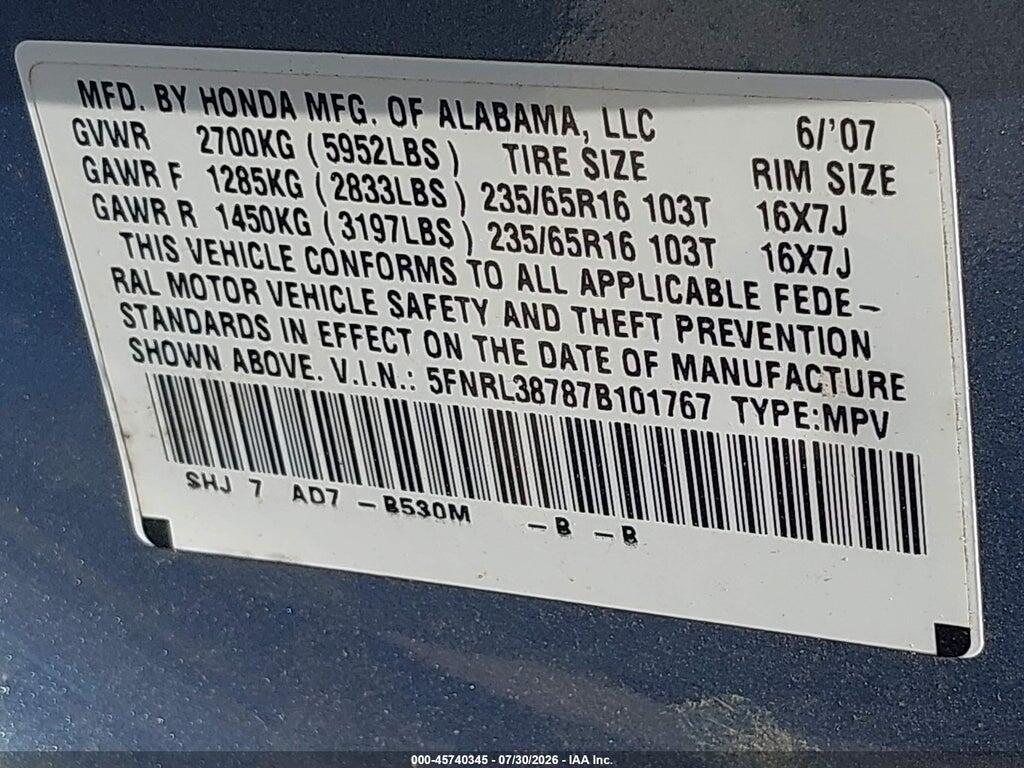 5FNRL38787B101767 2007 HONDA ODYSSEY photo no. 9