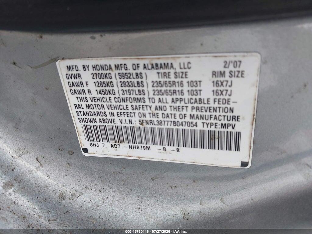 5FNRL38777B047054 2007 HONDA ODYSSEY photo no. 9