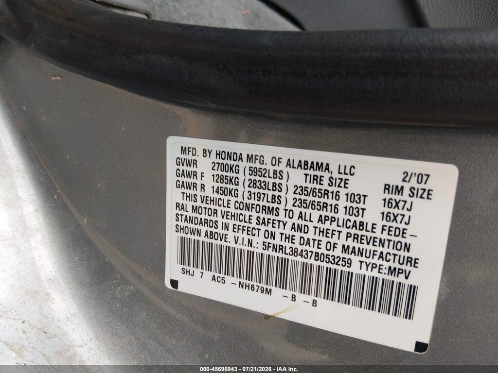 5FNRL38437B053259 2007 HONDA ODYSSEY photo no. 9