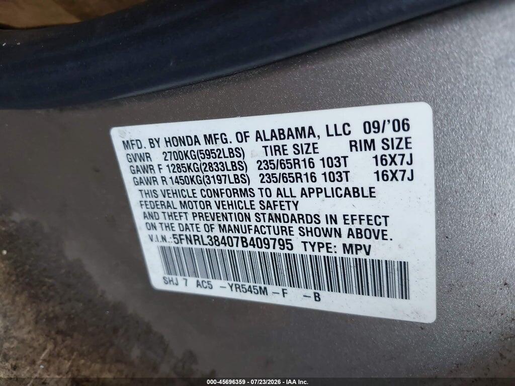 5FNRL38407B409795 2007 HONDA ODYSSEY photo no. 9