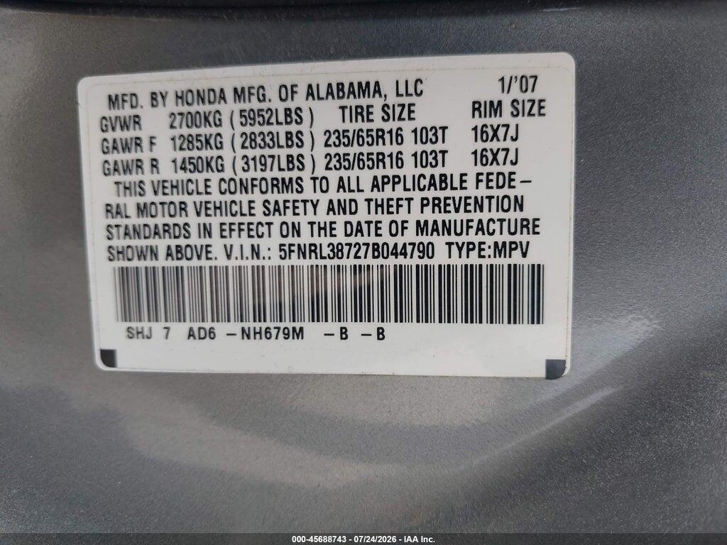 5FNRL38727B044790 2007 HONDA ODYSSEY photo no. 9