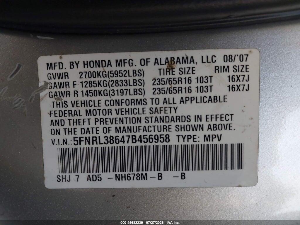 5FNRL38647B456958 2007 HONDA ODYSSEY photo no. 9