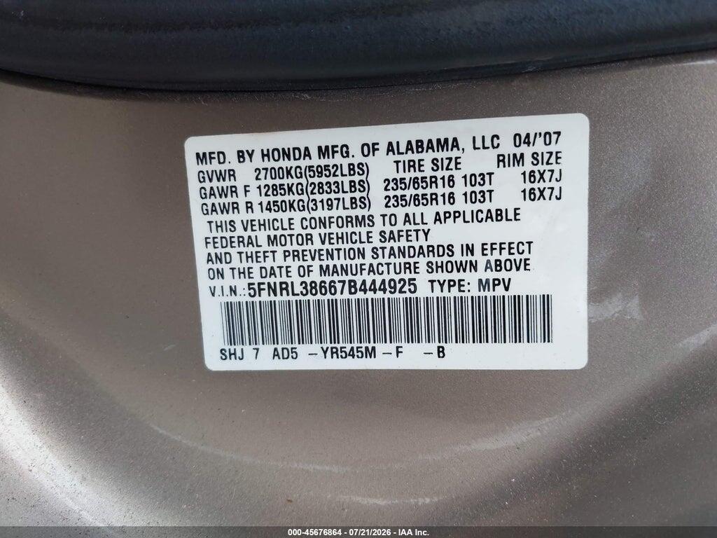 5FNRL38667B444925 2007 HONDA ODYSSEY photo no. 9
