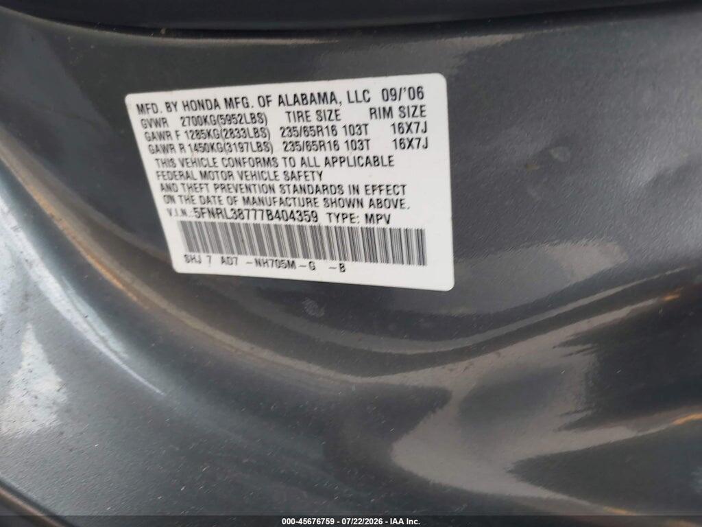 5FNRL38777B404359 2007 HONDA ODYSSEY photo no. 9